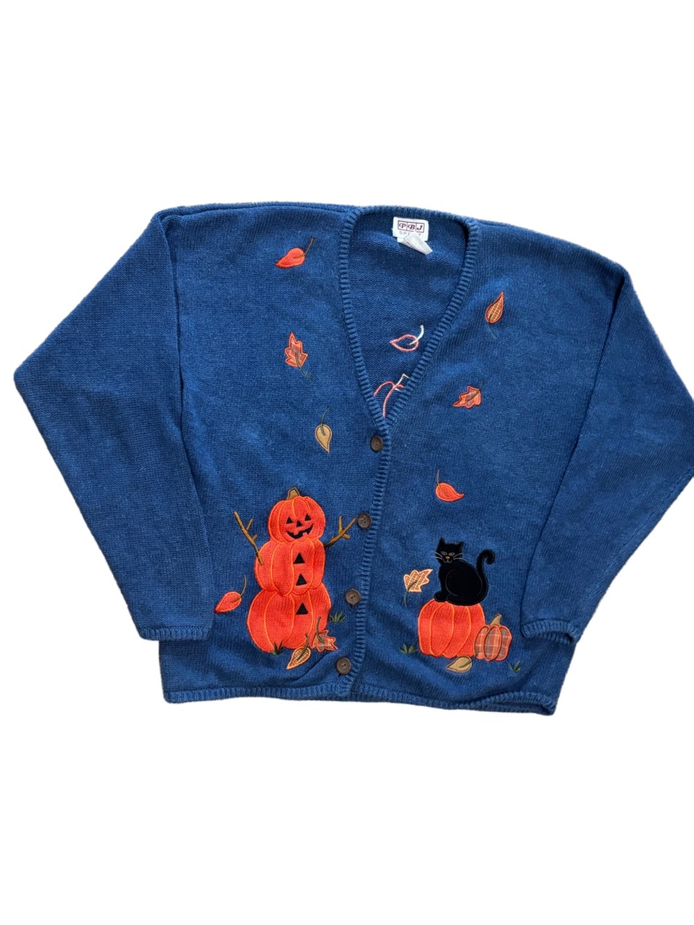 Vintage autumnal fall Halloween Cardigan Sweater Blue Pumpkin Black Cat M - Picture 2 of 4